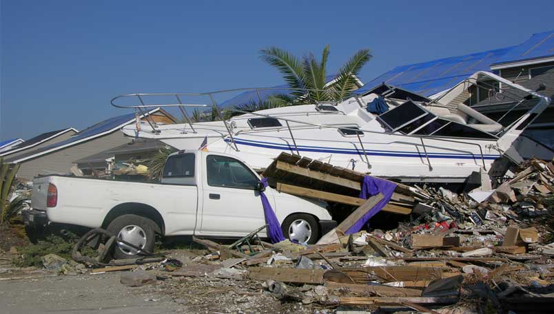 Shipwreck on land following hurricane floods.